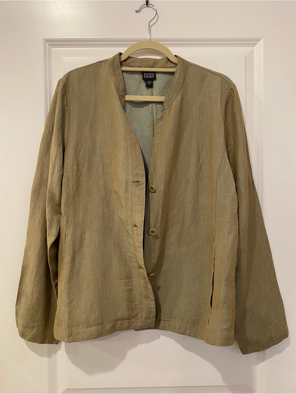 Eileen Fisher Linen Blend Button Front Shirt L Olive Green Minimalist - Picture 6 of 9